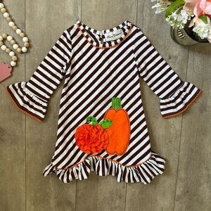 Rare Editions Toddler Girls Striped 3D Pumpkin Dress Flare Sleeves Pom Pom 2T